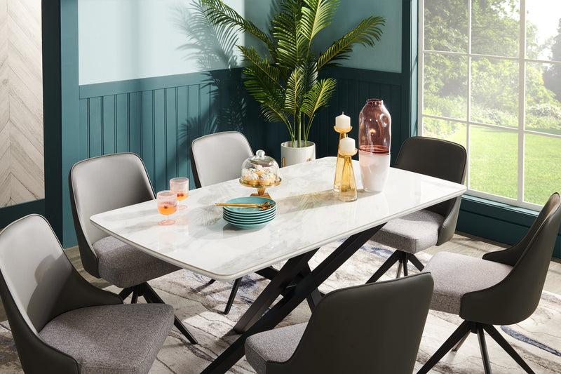 Bari Dining Table with Marble-Look Ceramic Top, Metal, Geometric Base, 63\"W - White