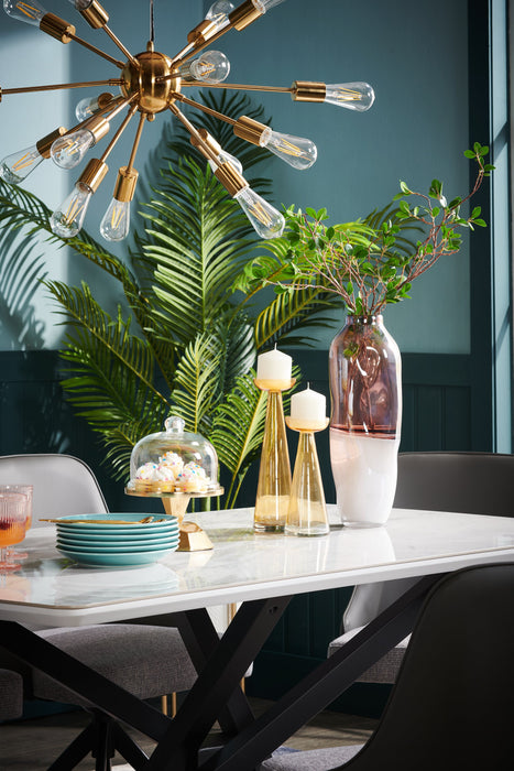 Bari Dining Table with Marble-Look Ceramic Top, Metal, Geometric Base, 63\"W - White