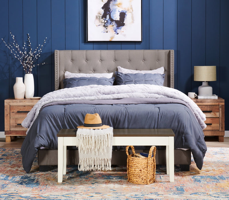 Brady Upholstered Wingback Bed in Light Grey Fabric with Nailhead Design, Button Tufted - Full Size