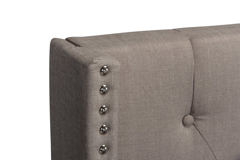 Brady Upholstered Wingback Bed in Light Grey Fabric with Nailhead Design, Button Tufted - Queen Size