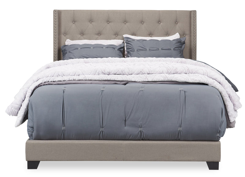 Brady Upholstered Wingback Bed in Light Grey Fabric with Nailhead Design, Button Tufted - Queen Size