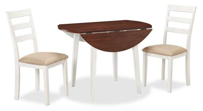 Bryn 3pc Dining Package with 42\" Drop-Leaf Table & 2 Chairs, Fabric -Two-Tone White & Brown