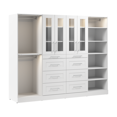 Bestar Florence 100" Modular Walk-In Closet System with LED Lights, Rods, Shelves, Drawers and Doors|Système de pièce-penderie modulaire Florence de Bestar de 100 po avec éclairages à DEL, tringles, ta
