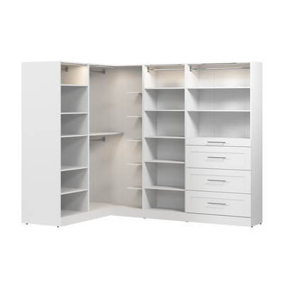 Bestar Florence 105" Modular L-Shaped Walk-In Closet System with LED Lights, Rods, Shelves and Drawe|Système de pièce-penderie en forme de L modulaire Florence de Bestar de 105 po avec éclairages à DEL