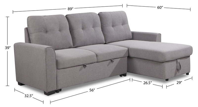 Carter 2-Piece Right-Facing Linen-Look Fabric Sleeper Sectional with Storage Chaise - Solis Grey