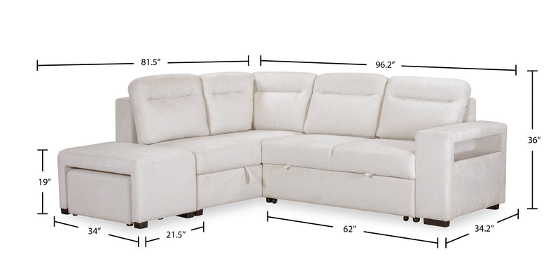 Coast 3-Piece Left-Facing Fabric Sleeper Sectional with Storage and Ottoman - Ivory White