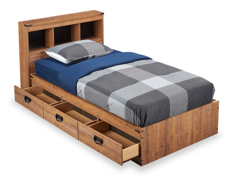 Driftwood Mates Bed with Bookcase Headboard Set for Kids, Brown - Twin Size