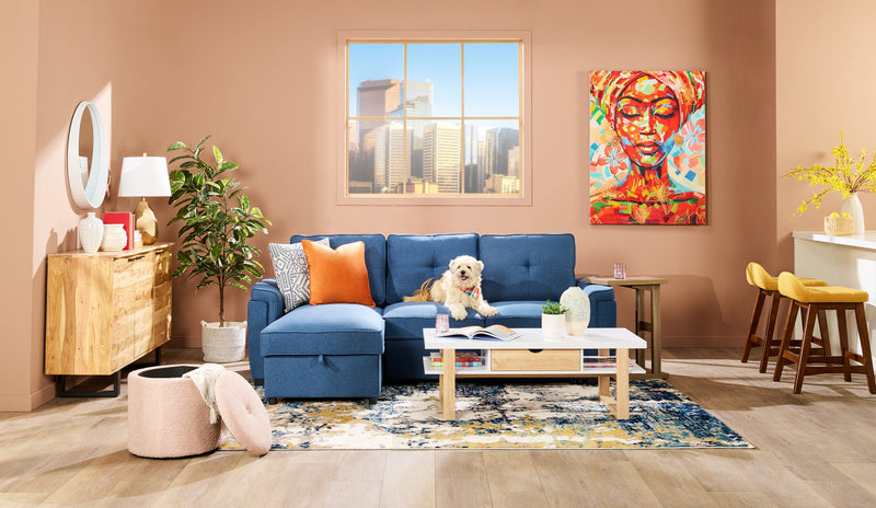 Eden 2-Piece Reversible Fabric Sleeper Sectional with Storage Chaise and Removable Back Cushions - Blue