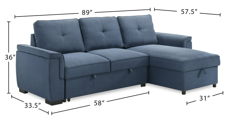 Eden 2-Piece Reversible Fabric Sleeper Sectional with Storage Chaise and Removable Back Cushions - Blue