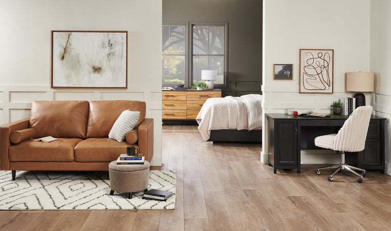 Edge 70\" Genuine Leather Loveseat with Wood Legs and Removable Back Cushions - Brown