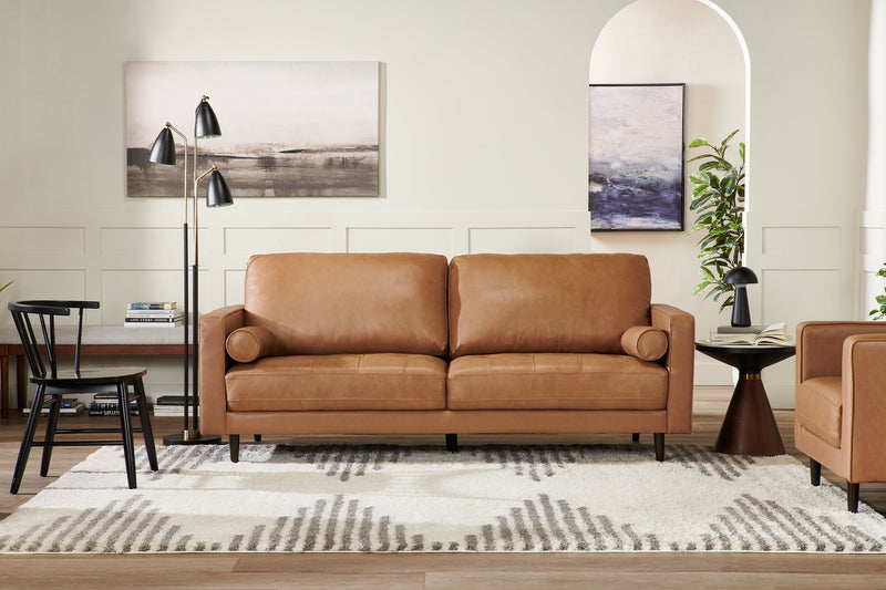 Edge 86\" Genuine Leather Sofa with Wood Legs and Removable Back Cushions - Brown