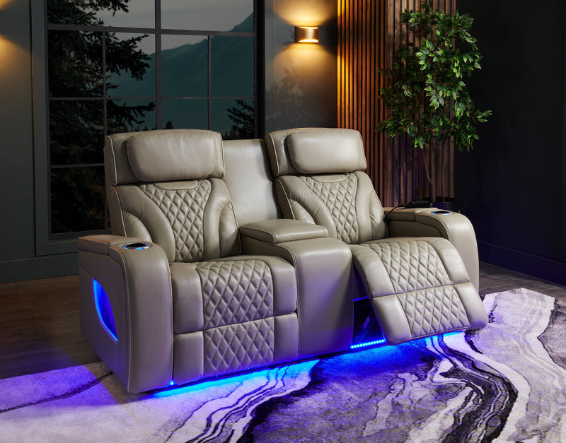 Elite 74\" Genuine Leather Massage Power Reclining Loveseat with Power Headrests and Storage Arms - Grey