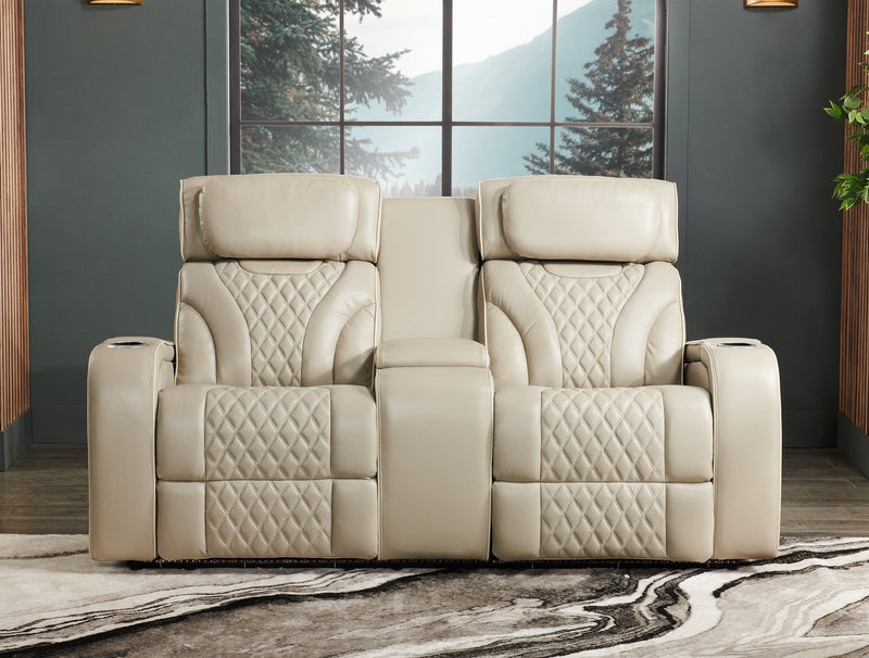 Elite 74\" Genuine Leather Massage Power Reclining Loveseat with Power Headrests and Storage Arms - Grey