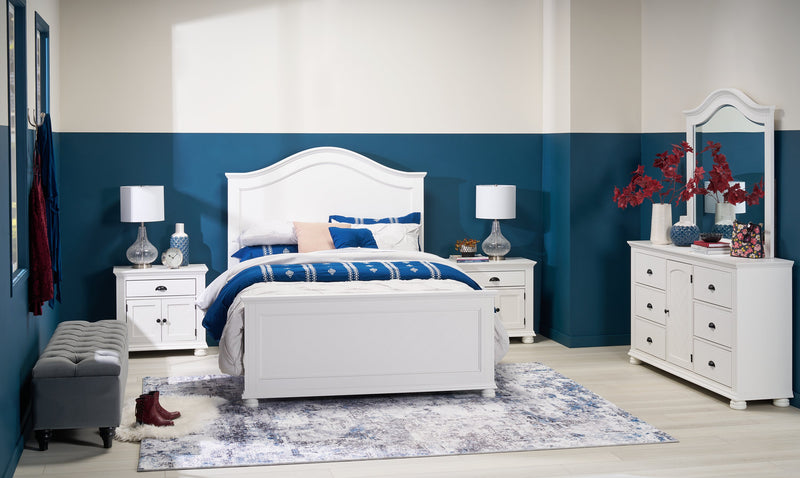 Ella Panel Bed with Headboard & Frame, Chevron Pattern, White - Queen Size