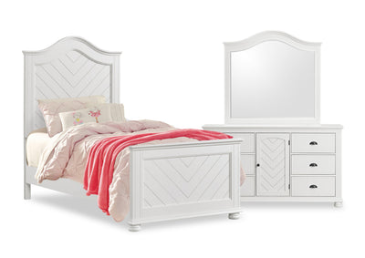 Ella 5pc Bedroom Set with Panel Bed, Dresser & Mirror, White - Twin Size | Ensemble de chambre à coucher Ella 5 pièces blanc avec lit à panneaux, commode et miroir - format lit simple