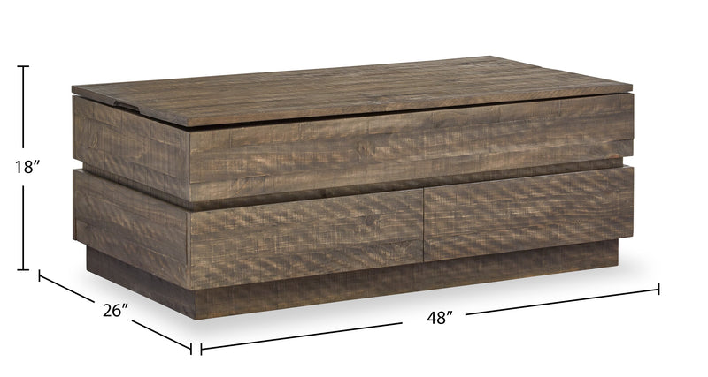 Elm 48” Rustic Pine Lift Top Coffee Table with Storage and Casters - Brown