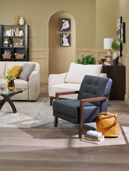 Enzo 26\" Genuine Leather Accent Chair with Biscuit Tufting, Track Arms and Wood Legs - Black