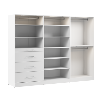Bestar Florence 107" Modular Walk-In Closet System With LED Lights, Rods, Shelves and Drawers Slab Style - White|Système de pièce-penderie modulaire Florence de Bestar de 107 po avec éclairages à DEL, tringles, tablettes et tiroirs de style lisse - blanc