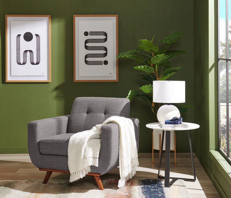 Kort & Co. Freeman 37\" Linen-Look Fabric Chair with Wood Legs and Tufted Back Cushion - Charcoal Grey