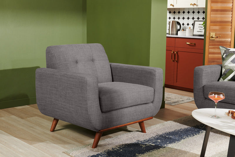 Kort & Co. Freeman 37\" Linen-Look Fabric Chair with Wood Legs and Tufted Back Cushion - Charcoal Grey