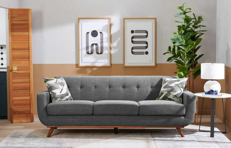 Kort & Co. Freeman 88\" Linen-Look Fabric Sofa with Wood Base and Tufted Back Cushions - Charcoal Grey