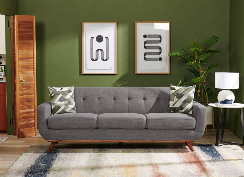 Kort & Co. Freeman 88\" Linen-Look Fabric Sofa with Wood Base and Tufted Back Cushions - Charcoal Grey