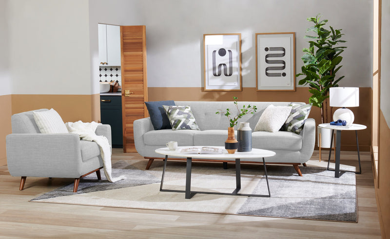 Kort & Co. Freeman 88\" Linen-Look Fabric Sofa with Wood Base and Tufted Back Cushions - Dove White