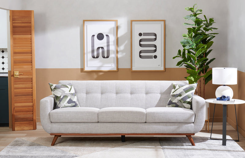 Kort & Co. Freeman 88\" Linen-Look Fabric Sofa with Wood Base and Tufted Back Cushions - Dove White