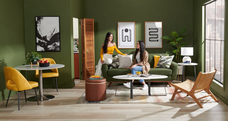 Kort & Co. Freeman 80” Linen-Look Fabric Condo Size Sofa with Wood Legs - Avocado Green