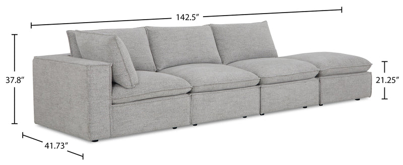Fusion Modular 4-Piece Silver Grey Chenille Fabric Sectional with Feather Down Cushions and Ottoman