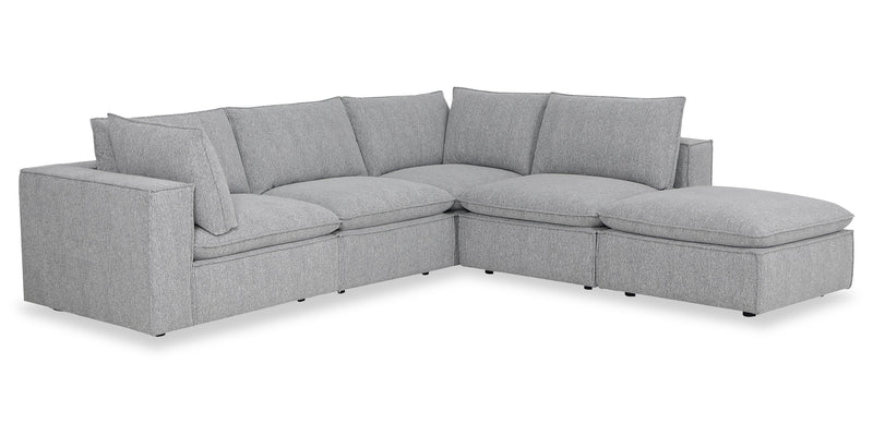 Fusion Modular 5-Piece Silver Grey Chenille Fabric Sectional with Feather Down Cushions and Ottoman