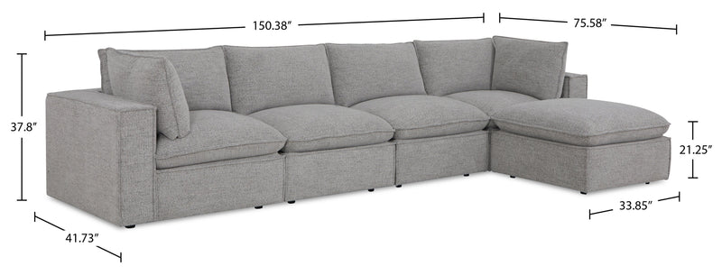 Fusion Modular 5-Piece Silver Grey Chenille Fabric Sectional with Feather Down Cushions and Ottoman