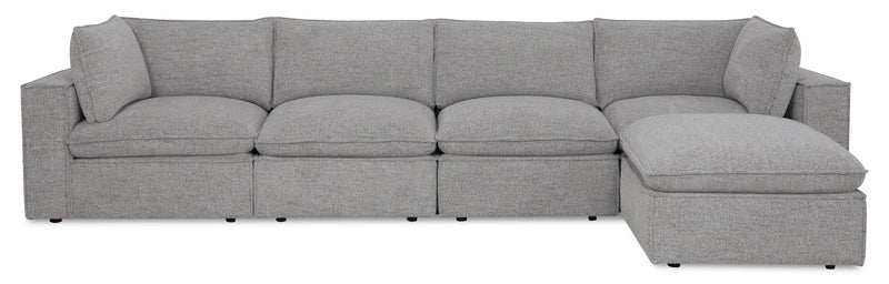 Fusion Modular 5-Piece Silver Grey Chenille Fabric Sectional with Feather Down Cushions and Ottoman