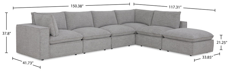 Fusion Modular 6-Piece Silver Grey Chenille Fabric Sectional with Removable Feather Down Back Cushions