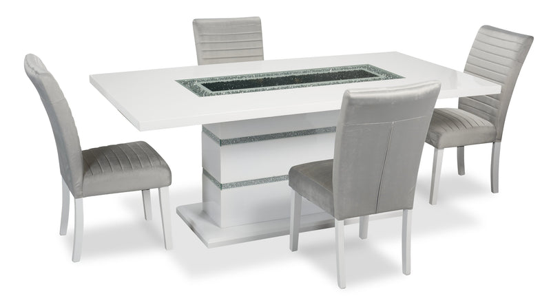 Garbo 5pc Dining Set with Table & 4 Chairs, Glass Insert, Pedestal Base, Glam, 78.75\"W - White