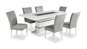 Garbo 7pc Dining Set with Table & 6 Chairs, Glass Insert, Pedestal Base, Glam, 78.75