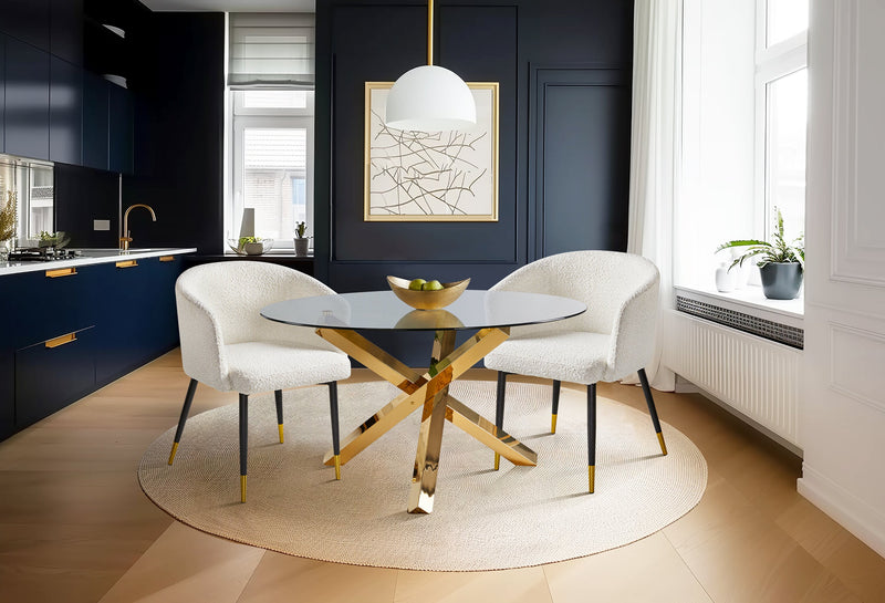 Gem 5pc Dining Set with Table & 4 Chairs, Glass Top & Metal Base, 55\"W Round - Gold & White