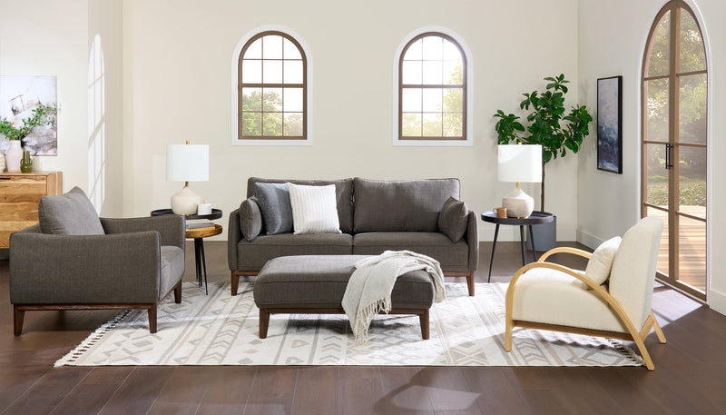 Cindy Crawford Home Gena 45\" Linen-Look Fabric Ottoman with Wood Base and Legs - Charcoal Grey