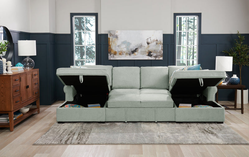 Scott Living Haven 3-Piece Chenille Fabric Sleeper Sectional with Two Storage Chaises - Seafoam Blue