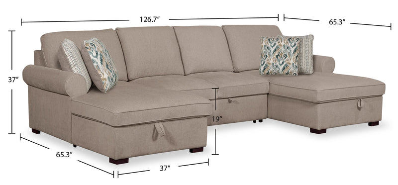 Scott Living Haven 3-Piece Chenille Fabric Sleeper Sectional with Two Storage Chaises - Taupe