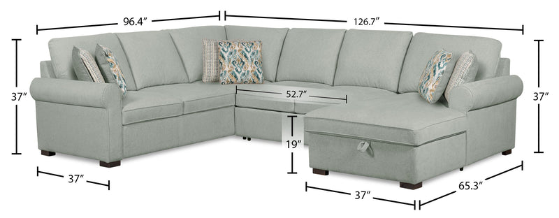 Scott Living Haven 3-Piece Right-Facing Chenille Fabric Sleeper Sectional with Storage Chaise - Seafoam Blue