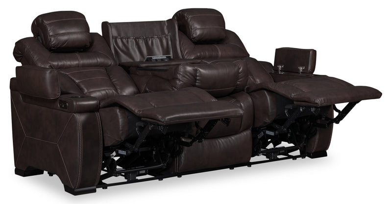 Hugo 84\" Genuine Leather Power Reclining Sofa with Power Headrests, Dual Cupholders and USB Ports - Brown