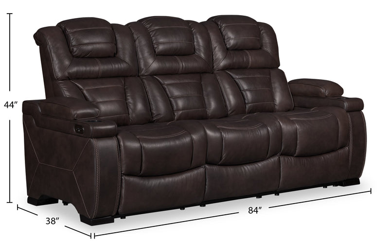 Hugo 84\" Genuine Leather Power Reclining Sofa with Power Headrests, Dual Cupholders and USB Ports - Brown