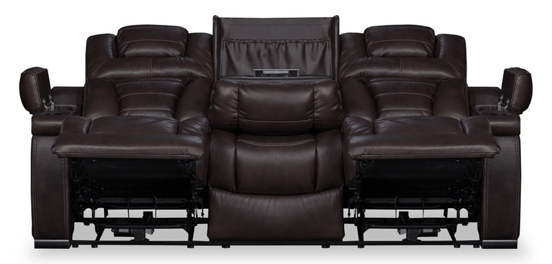 Hugo 84\" Genuine Leather Power Reclining Sofa with Power Headrests, Dual Cupholders and USB Ports - Brown