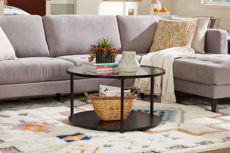 Kendal 31.5\" Modern Round Glass Top Coffee Table with Casters - Black