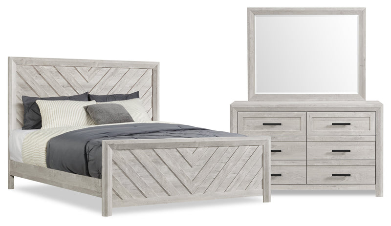 Lark 5pc Bedroom Set with Panel Bed, Dresser & Mirror, Rustic White  - King Size