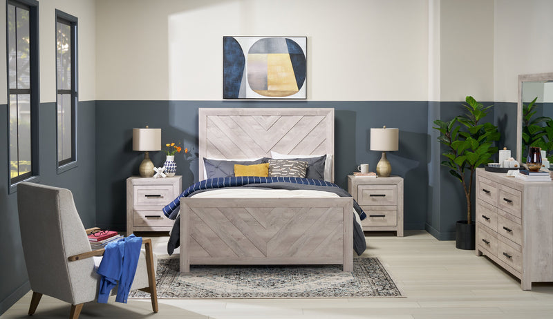 Lark Panel Bed with Headboard & Frame, Chevron Pattern, Rustic White - Queen Size