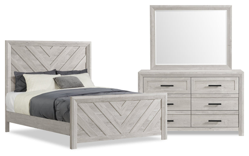 Lark 5pc Bedroom Set with Panel Bed, Dresser & Mirror, Rustic White  - Queen Size