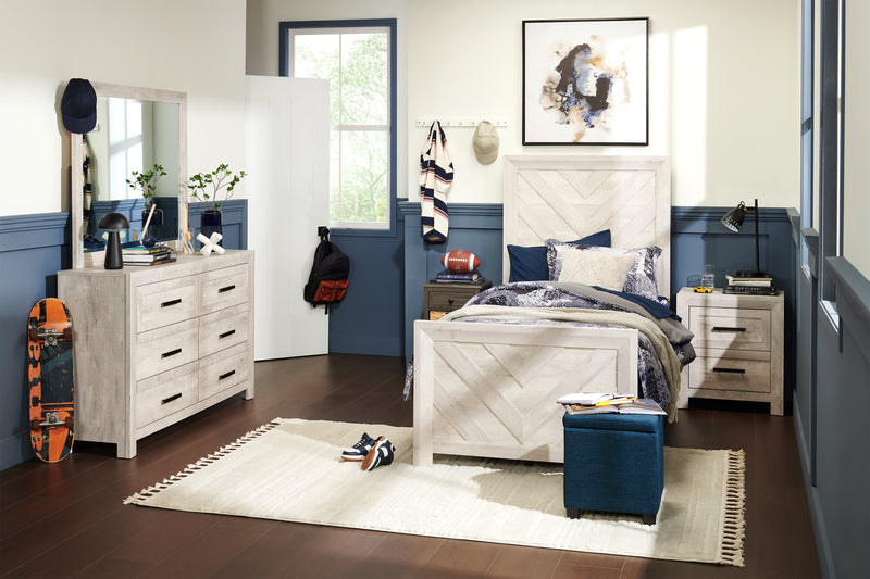 Lark Panel Bed with Headboard & Frame for Kids, Chevron Pattern, Rustic White - Twin Size