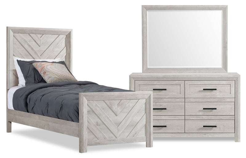 Lark 5pc Bedroom Set with Panel Bed, Dresser & Mirror, Rustic White  - Twin Size